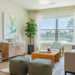 living room with seating table plant and windows