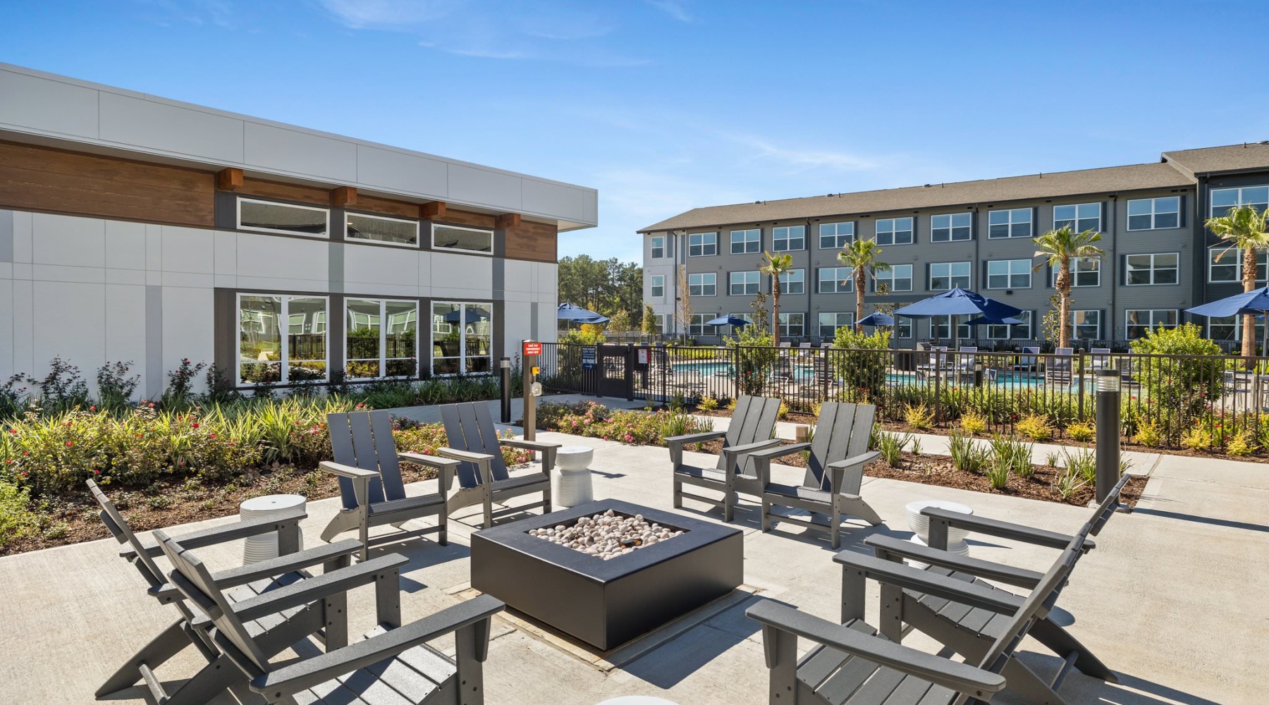 outdoor patio with Adirondack chairs and a firepit